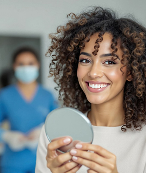 Smiling woman holding small mirror in treatment chair
