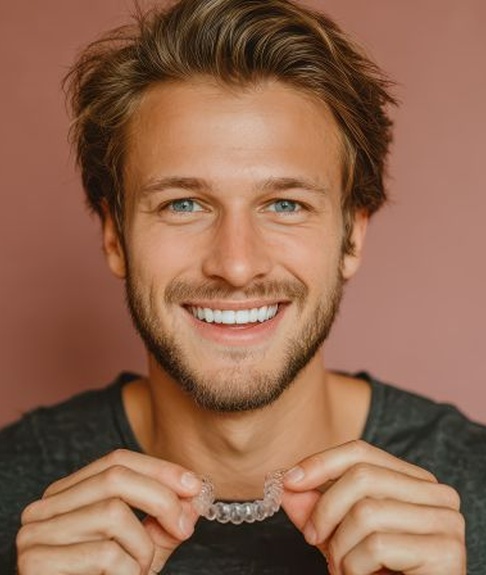 Smiling man holding Invisalign aligner